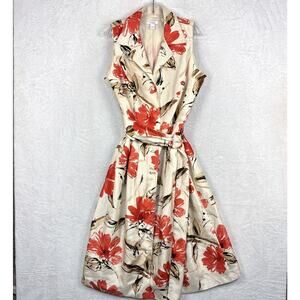 Dress Barn Womens 14W Cream Floral Midi Belted Dress Button Front Retro Artsy